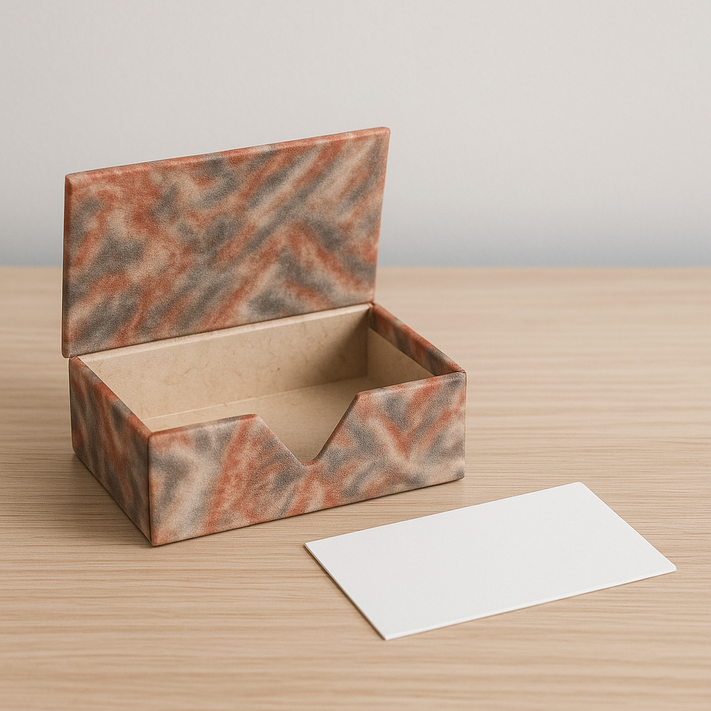 A digital photograph features a rectangular Lokta paper business card holder in natural light, with its lid open and a flat-lay business card placed inside. The holder showcases a marbled pattern in earthy tones of red, gray, and cream, resting on a dark wooden surface against a neutral wall