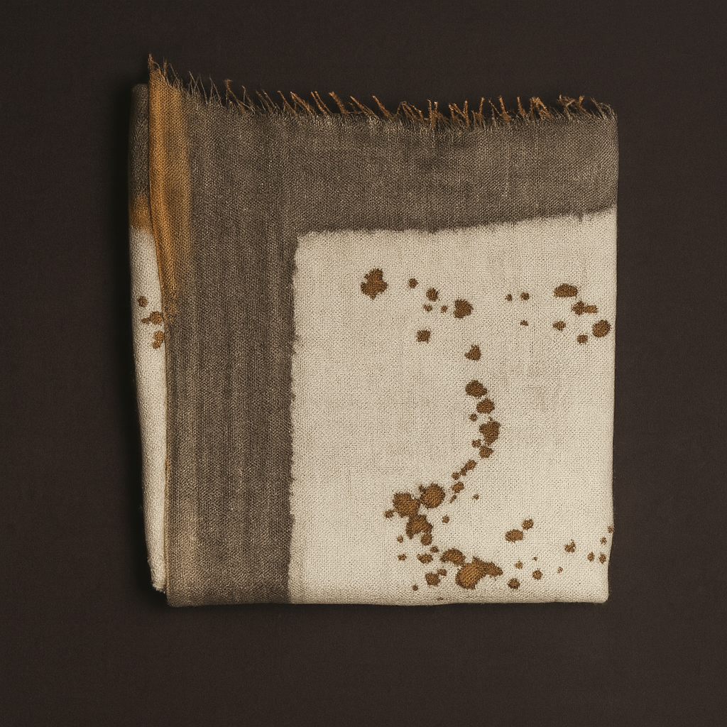 Handwoven 100% pashmina shawl in cream and charcoal with rust spray pattern and mustard fringe, folded on a dark background – artisan-made in Nepal.