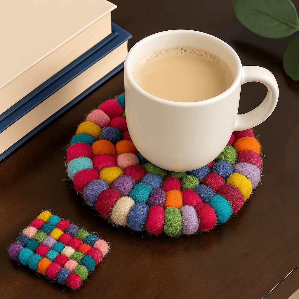 A digital photograph showcases a cozy tea setup featuring a black cast iron teapot resting on a vibrant round felt ball trivet, with matching coasters underneath teacups on a wooden table.