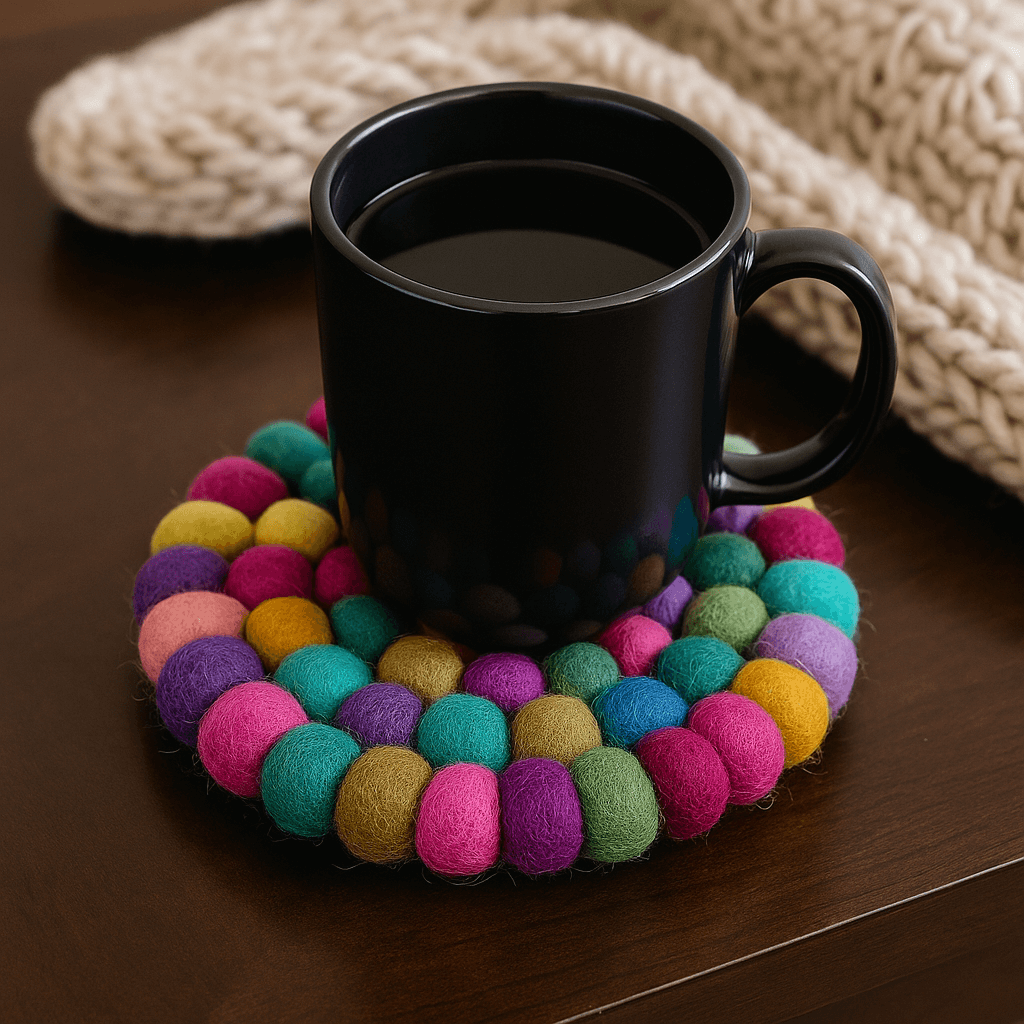 A colorful handmade felt ball coaster holds a white ceramic cup, placed beside a coordinating plate, highlighting the trivet’s function as a vibrant and heat-resistant tabletop accessory.