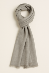 "Natural grey pashmina scarf made from soft wool blend, handmade in Nepal"