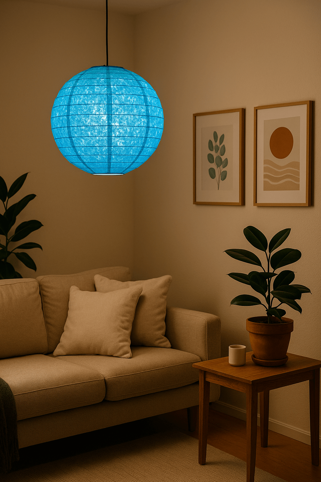 A glowing blue Lokta paper lantern hangs above a beige sofa in a cozy living room corner, with framed botanical art, indoor plants, and a wooden side table adding warmth to the space.