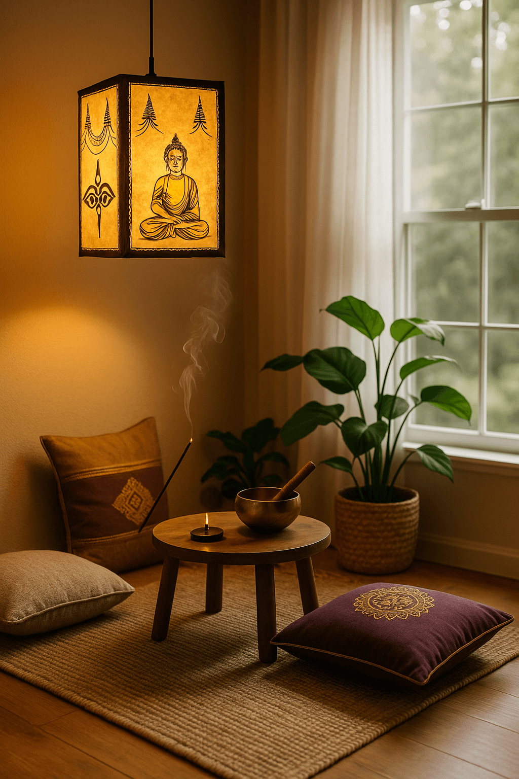 A square Lokta paper lampshade with sacred motifs hangs above a serene meditation space decorated with a Buddha statue, Tibetan singing bowl, and indoor plants.