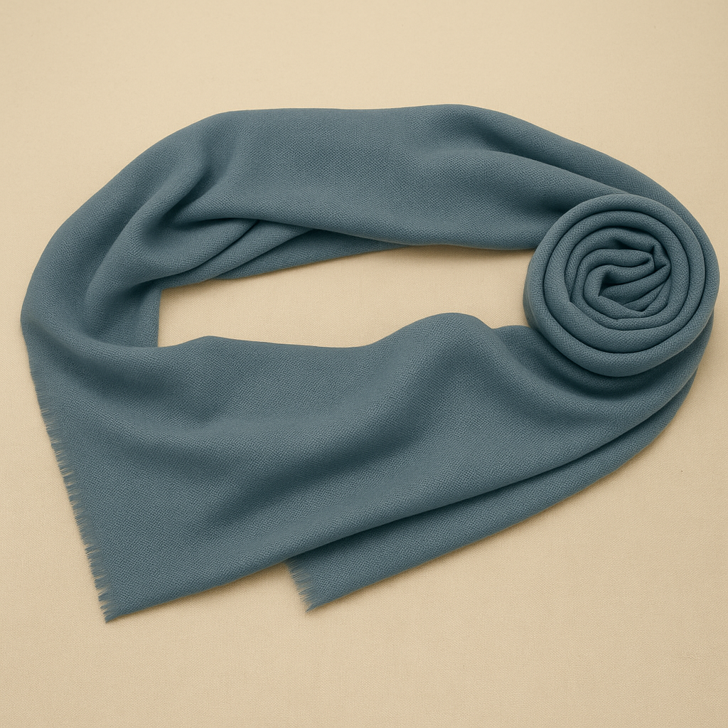 "Stone blue pashmina scarf in soft wool blend, handwoven in Nepal"