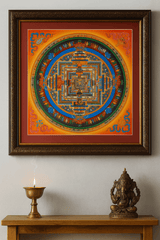 A framed Tibetan Buddhist mandala thangka painting with intricate geometric patterns in vibrant orange, blue, green, and gold tones hangs on a light-colored wall. Below it, a wooden shelf holds a lit brass butter lamp emitting a thin trail of smoke and a small brass statue of the Hindu deity Ganesha.