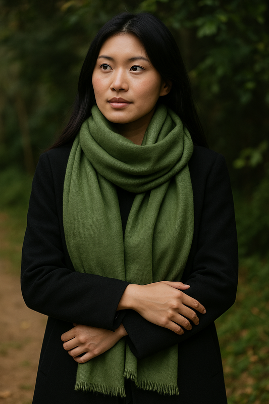 "Moss green essential pashmina scarf made from soft wool blend, handmade in Nepal"
